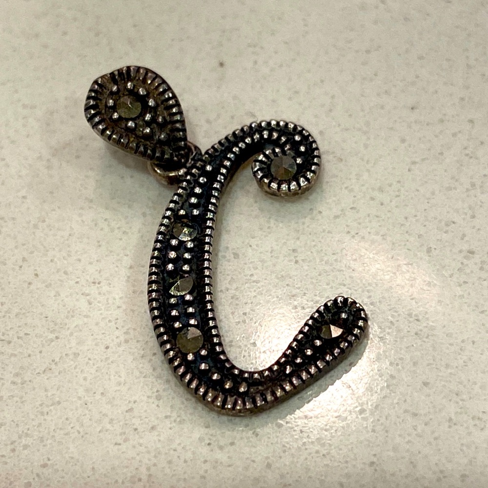 925 Sterling Silver Cursive Letter ‘C’ Marcasite Pendant